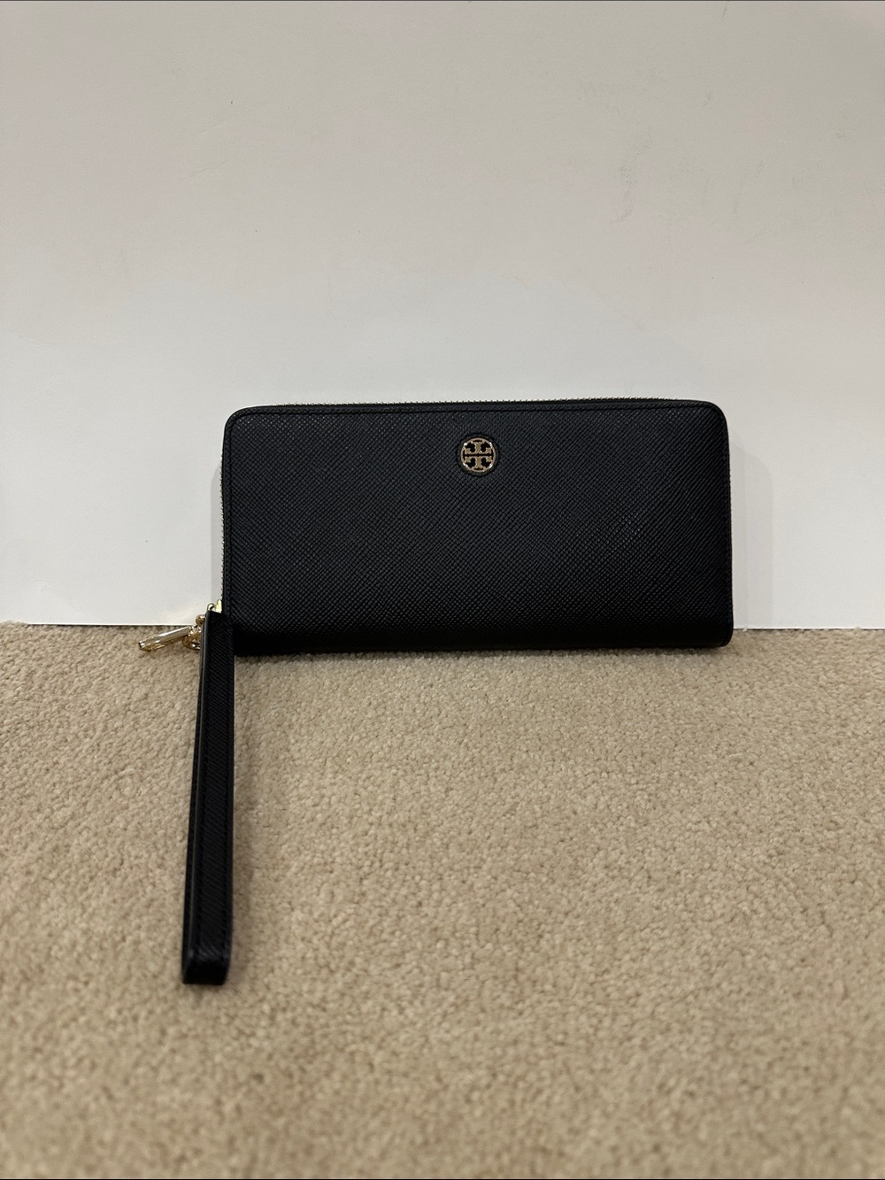 Tory Burch Black Saffiano Zip-Around Wristlet Wallet with Gold Logo